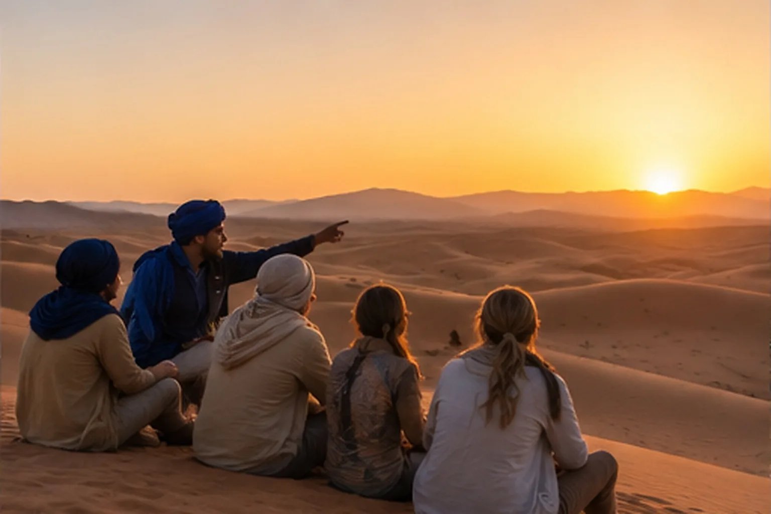 Gruppo seduto sulle dune al tramonto con una guida locale