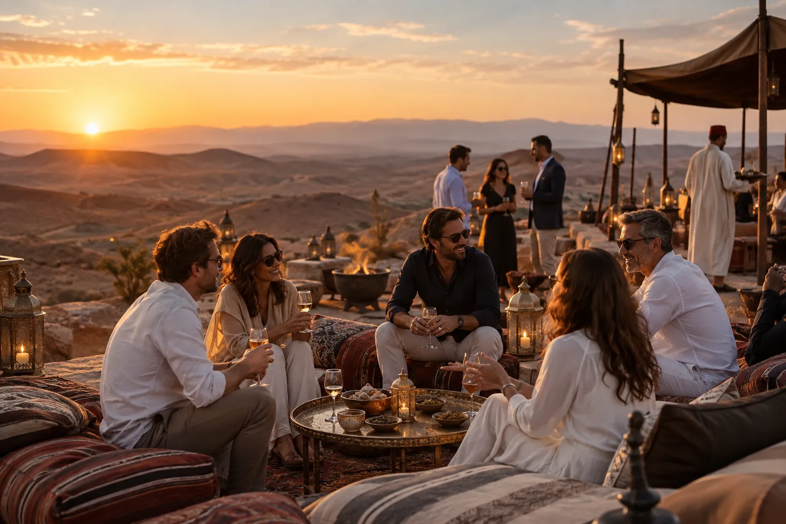 Aperitivo di gruppo al tramonto con lanterne e vista sul deserto