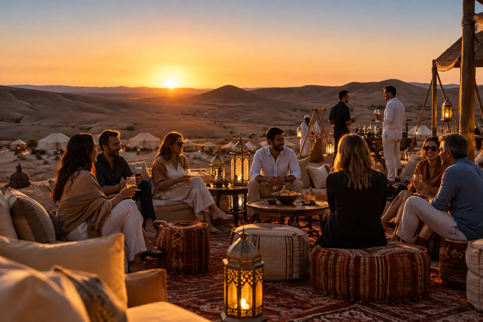 Ritrovo di gruppo al tramonto in un campo nel deserto